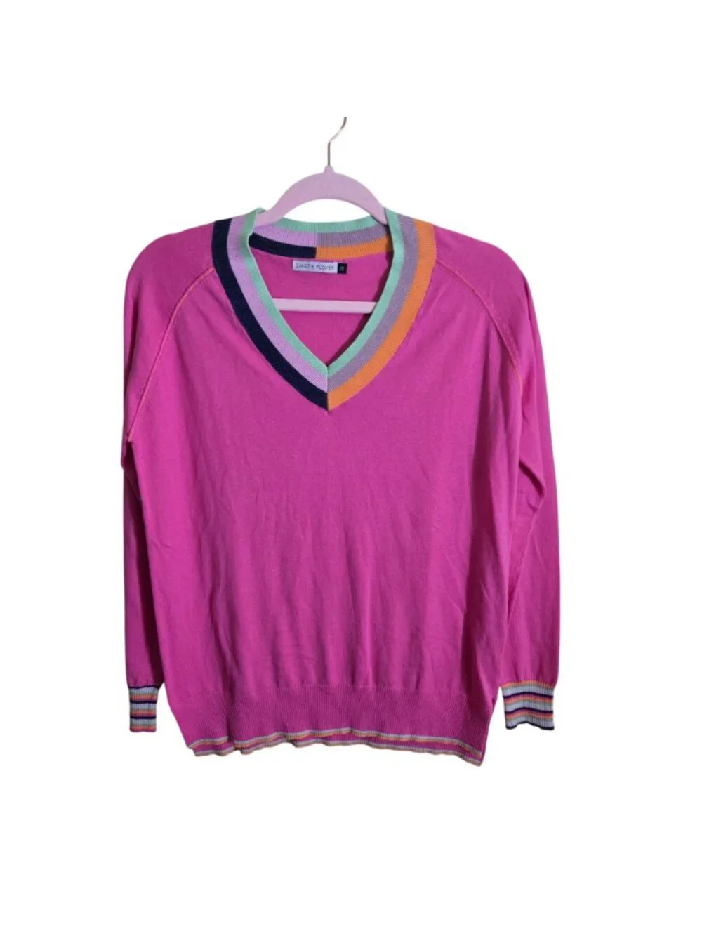Zaket & Plover Preppy Silk Blend Stripe Detail V Neck Pink Multi Sweater Size XS